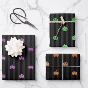 Purple, Orange & Green Foil Pumpkin & Stripes Wrapping Paper Sheet