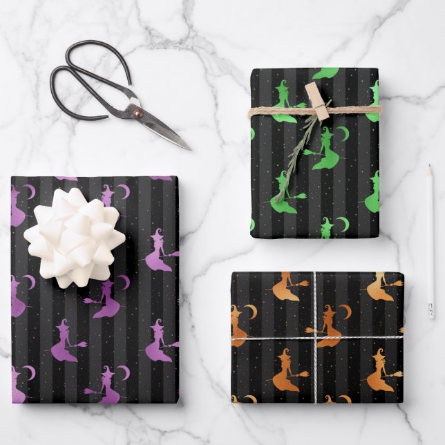 Purple, Orange & Green Foil Witches & Stripes Wrapping Paper Sheet (Front)