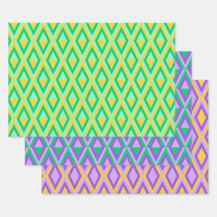 PURPLE ORANGE GREEN MARDI GRAS PATTERNS WRAPPING PAPER SHEET