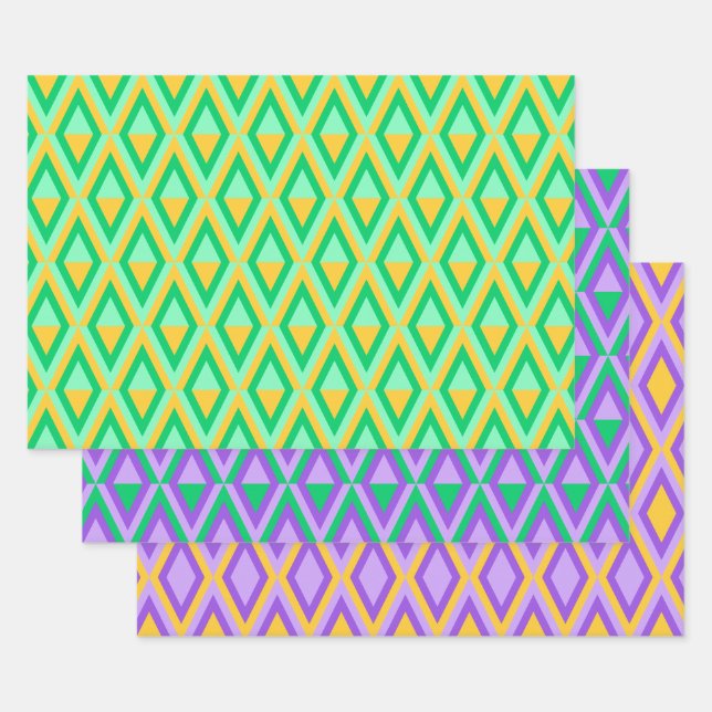 PURPLE ORANGE GREEN MARDI GRAS PATTERNS WRAPPING PAPER SHEET (Set)