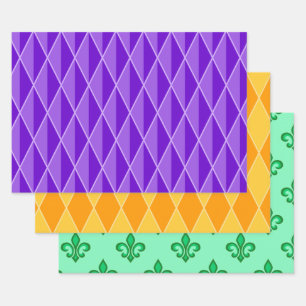 PURPLE ORANGE GREEN MARDI GRAS PATTERNS WRAPPING PAPER SHEET