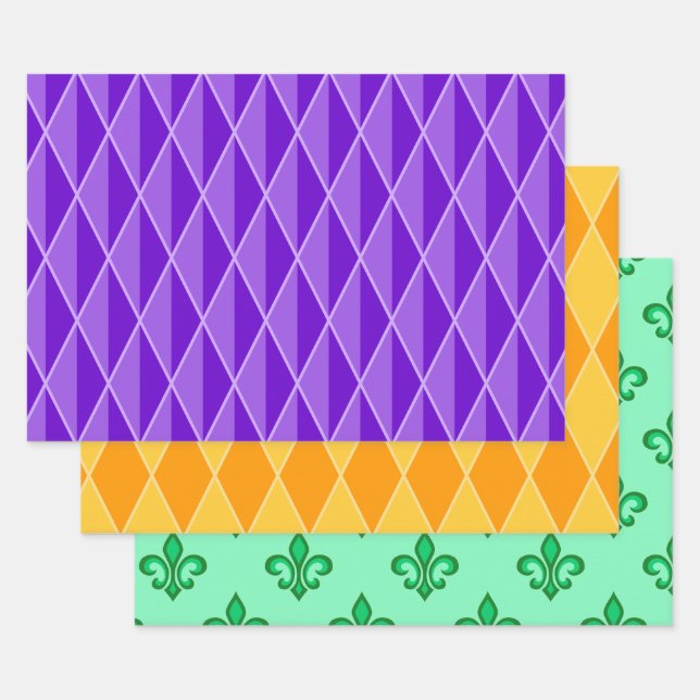 PURPLE ORANGE GREEN MARDI GRAS PATTERNS WRAPPING PAPER SHEET (Set)