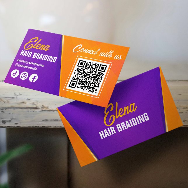 Purple, Orange Hair Braiding Salon Connect with us Business Card (Creator Uploaded)