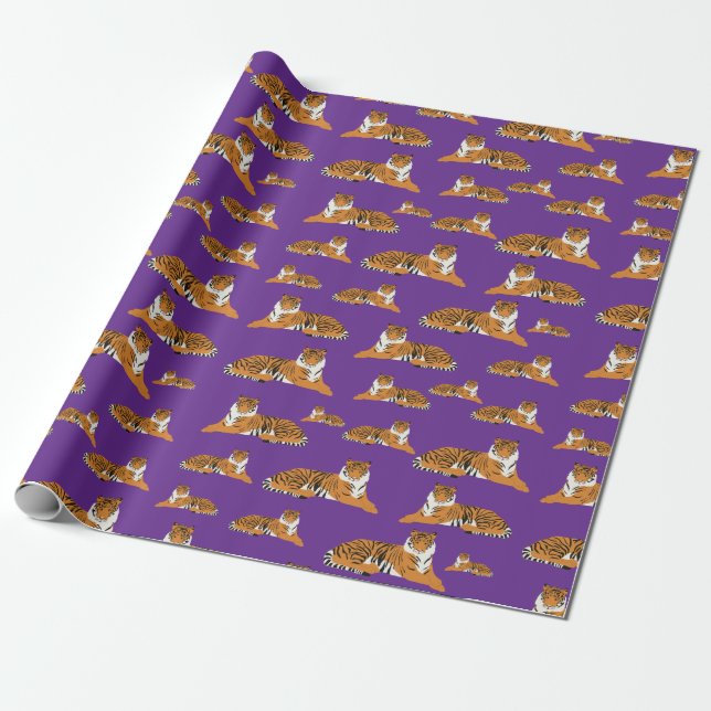 Purple Orange Jungle Tiger Animal Pattern  Wrapping Paper (Unrolled)