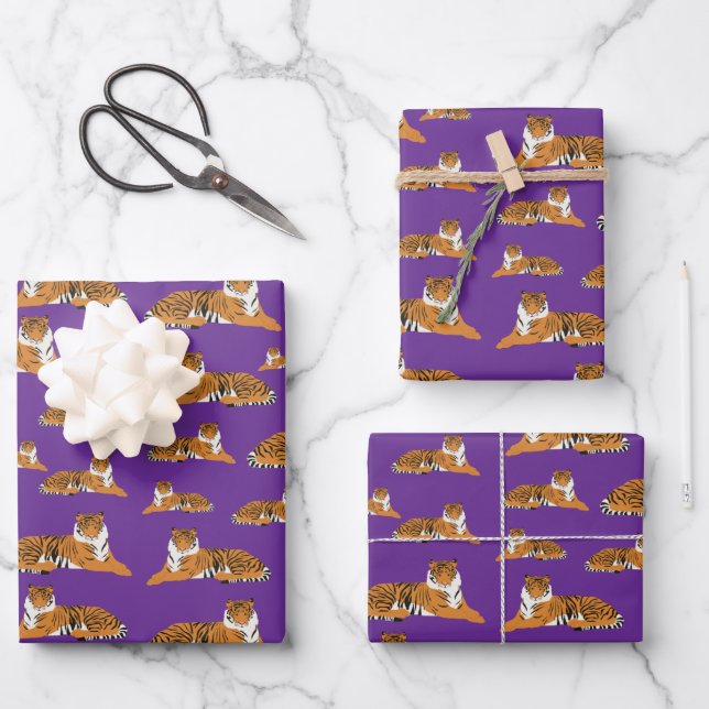 Purple Orange Jungle Tiger Animal Pattern Wrapping Paper Sheet (Front)