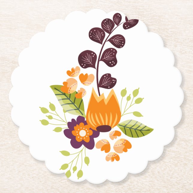 Purple Orange Modern Floral Paper Coaster (Front)