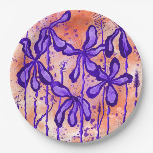 Purple/Orange Paint Splatter & Lilies Paper Plate