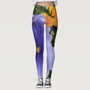 Purple & Orange Pansies w Green Floral Photo 06 Leggings