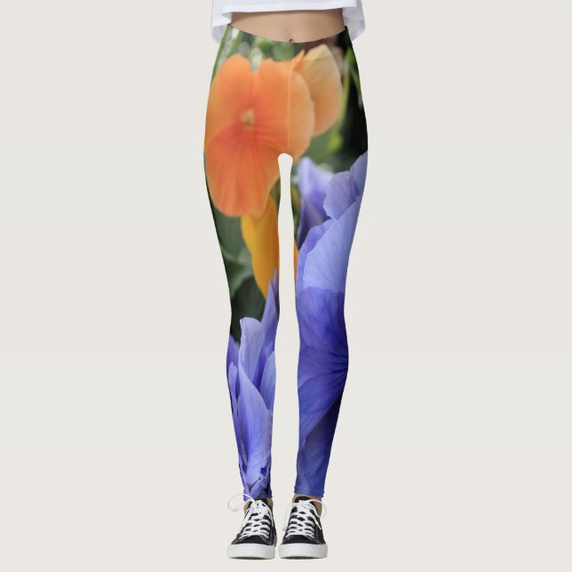 Purple & Orange Pansies w/ Green Floral Photo, 10 Leggings (Front)