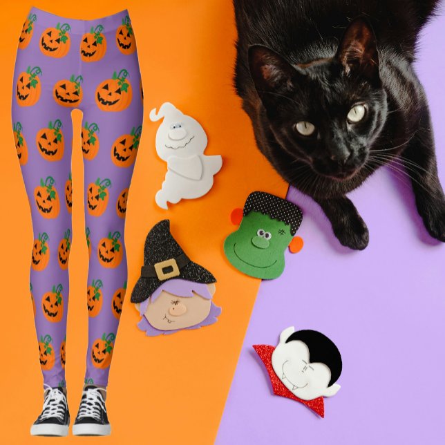 Purple Orange Personalised Happy Jack O Lantern Leggings (Cute pumpkins on purple background. Perfect for Halloween!)