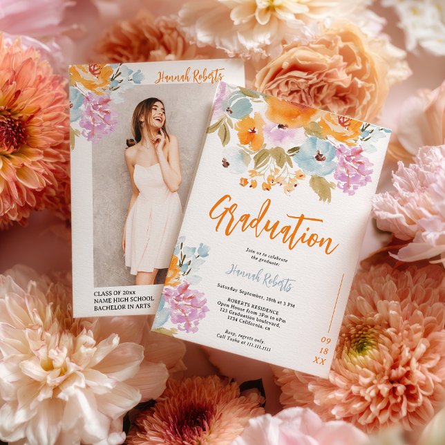 Purple Orange photo Boho floral graduation Invitation (Purple Orange photo Boho floral graduation Invitation)