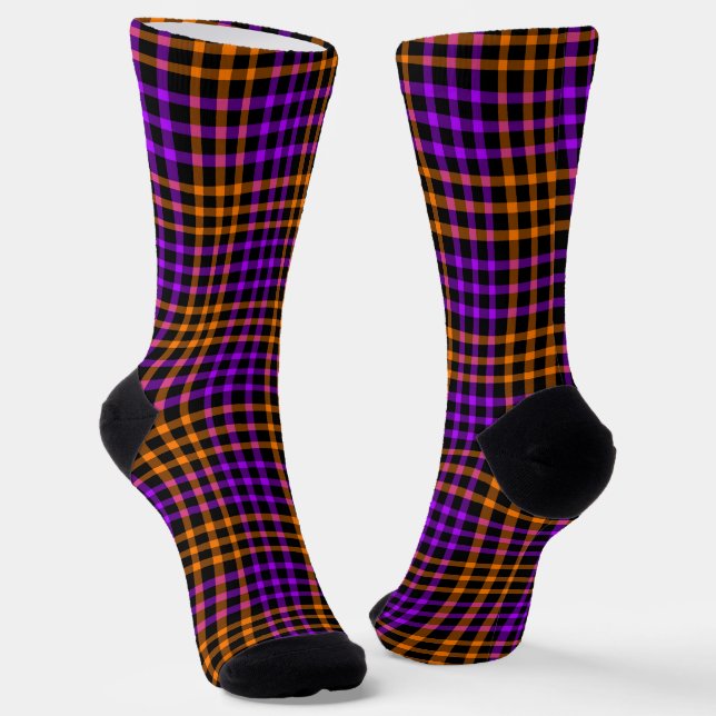 Purple Orange Plaid Chequered Seamless Pattern Socks (Angled)