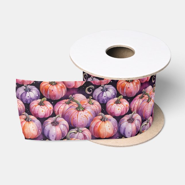 Purple & Orange Pumpkin Patch Pattern Satin Ribbon (Spool)