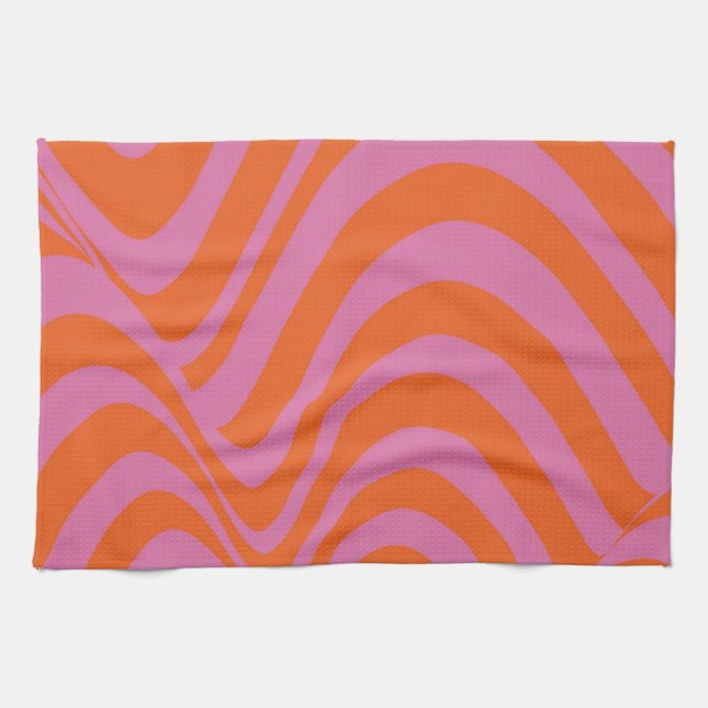 Purple Orange Retro Liquid Groovy Stripe Pattern Tea Towel (Horizontal)