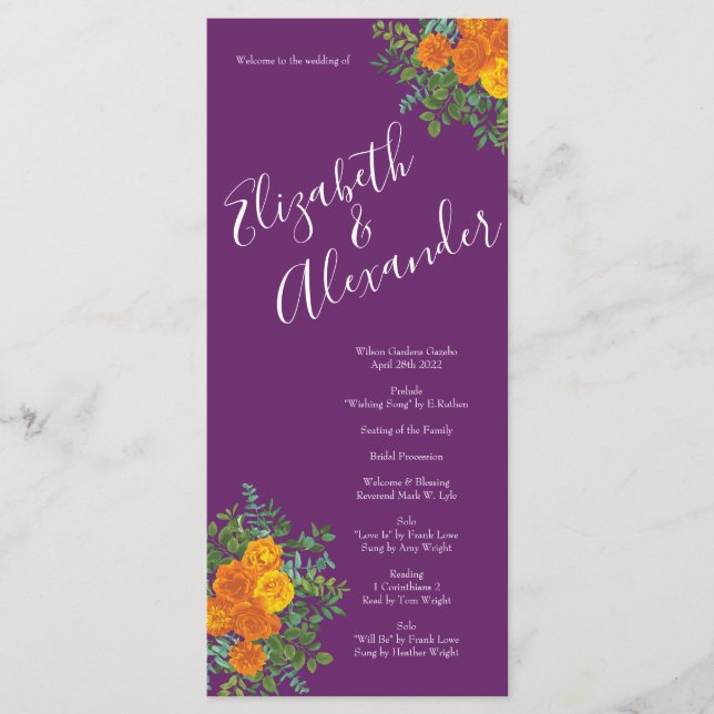 Purple Orange Rose Wedding Spring Menu (Front)