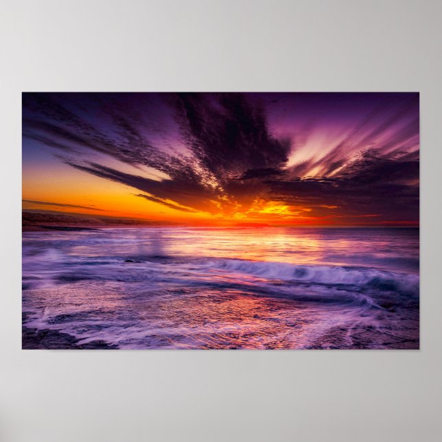 Purple Orange Sunset Horizon Over Ocean Poster (Front)