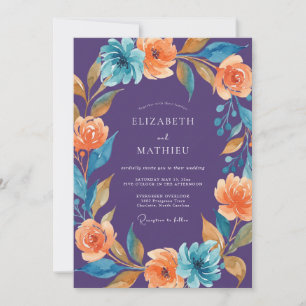 Purple Orange Teal Floral Watercolor Wedding Invitation