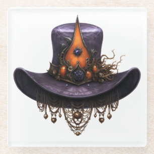 PURPLE & ORANGE VICTORIAN HALLOWEEN HAT GLASS COASTER