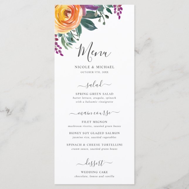 Purple Orange Watercolor Floral Wedding Menu (Front)