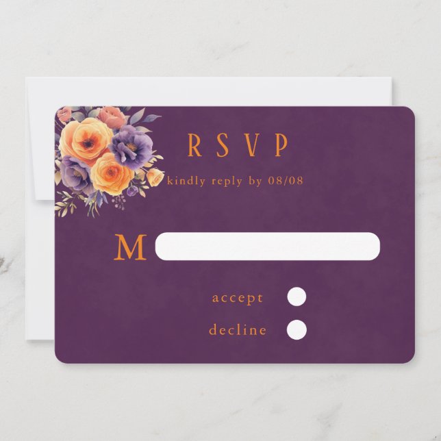 Purple Orange Watercolor Floral Wedding RSVP Cards (Front)