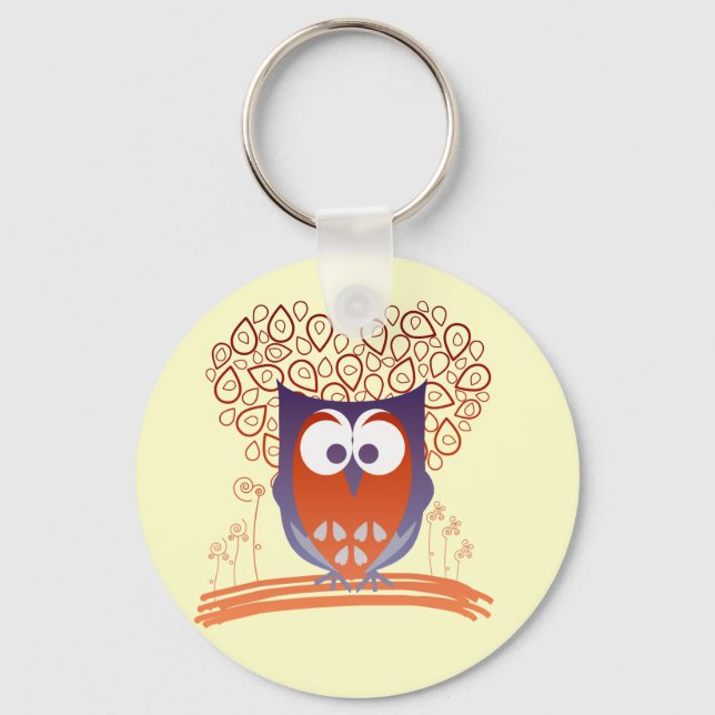 Purple Orange Whimsical Cute Owl Keychain (Front)