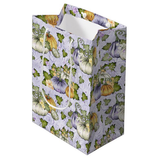 PURPLE ORANGE WHITE FALL AUTUMN PUMPKINS MEDIUM GIFT BAG (Front Angled)