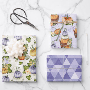 PURPLE ORANGE WHITE FALL AUTUMN PUMPKINS WRAPPING PAPER SHEET