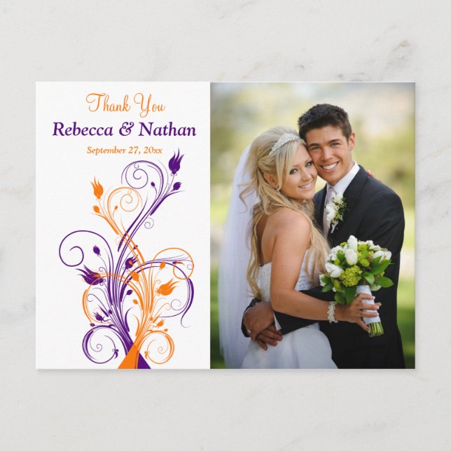 Purple Orange White Floral ThankYou Photo Postcard (Front)