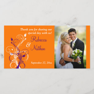 Purple, Orange, White Floral Wedding Photo Card 3