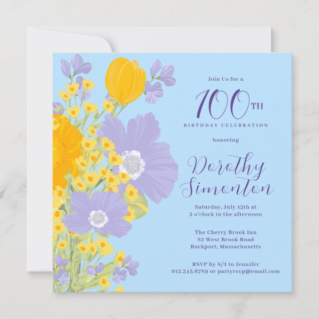Purple Orange Yellow Wildflowers 100th Birthday Invitation (Front)