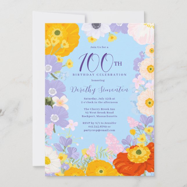 Purple Orange Yellow Wildflowers 100th Birthday Invitation (Front)