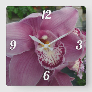 Purple Orchid and Garden Colourful Floral Square Wall Clock