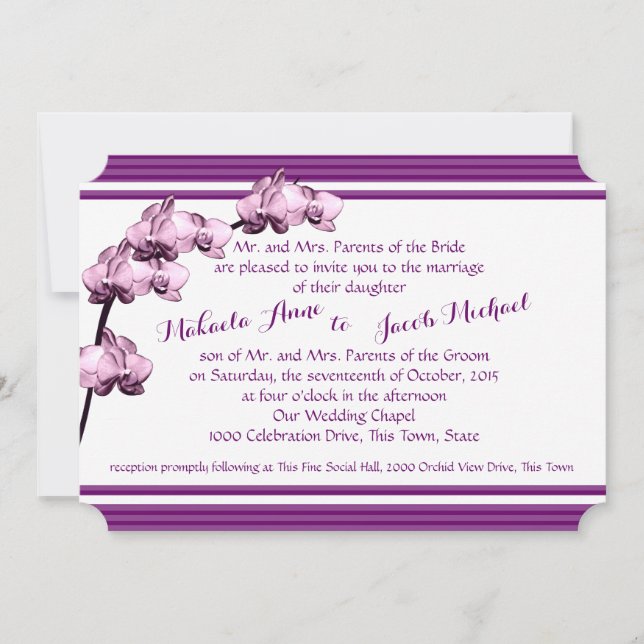 Purple Orchid and Stripes Invitation (Front)