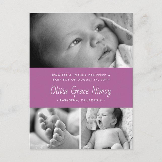 Purple Orchid Birth Announcement Baby Photo Postcard (Front)