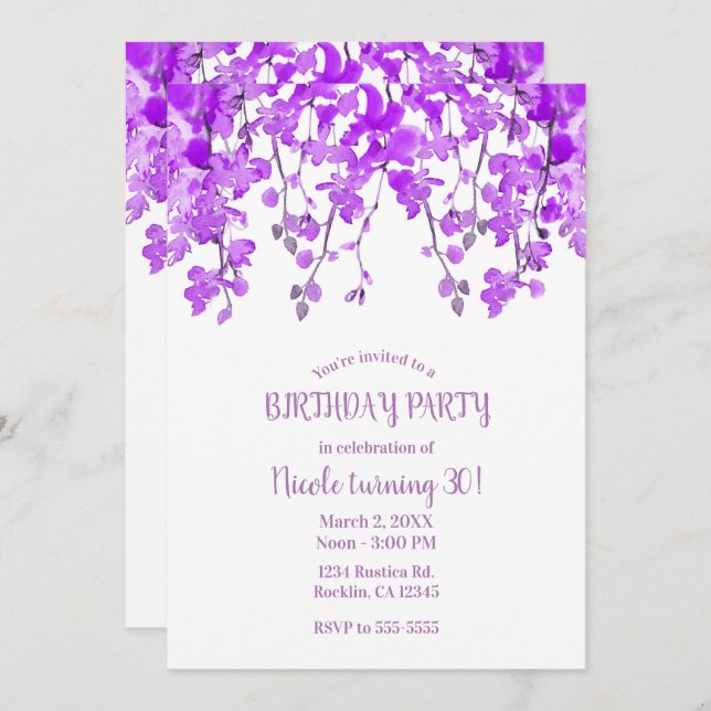 Purple Orchid Branches Floral Birthday Party Invitation (Front/Back)