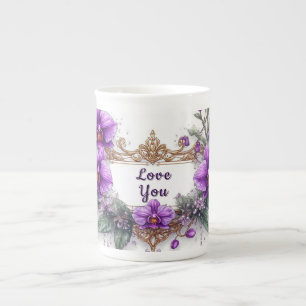 Purple Orchid Floral Frame Bone China Mug