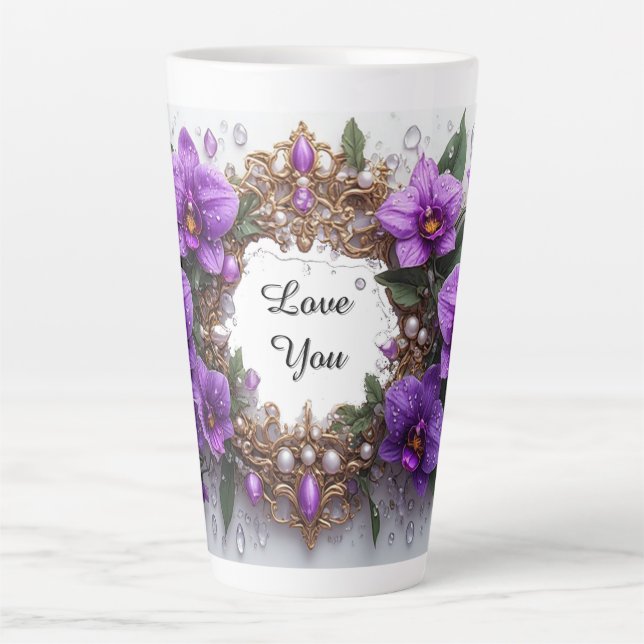 Purple Orchid Floral Frame Latte Mug (Front)