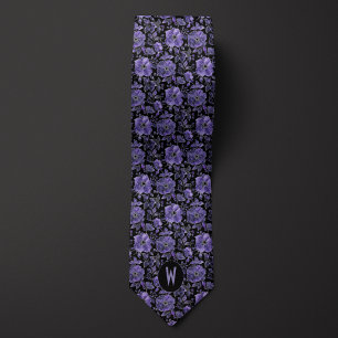 Purple Orchid Floral on Black Neck Tie