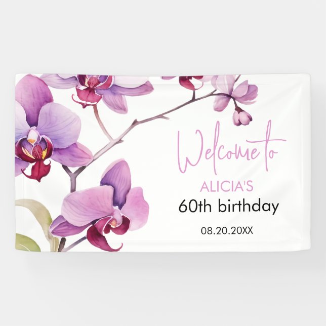 Purple Orchid Flower Blossom 60th Birthday Banner (Horizontal)