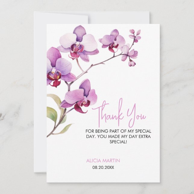 Purple Orchid Flower Blossom Birthday Thank You Card (Front)