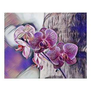 Purple orchid flower on a wooden log painting  poster