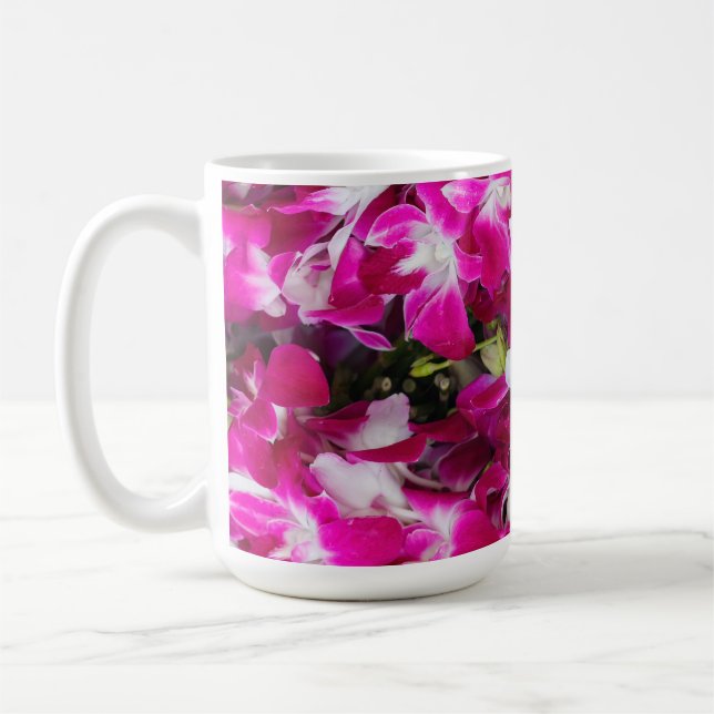 Purple orchid flowers background coffee mug (Left)
