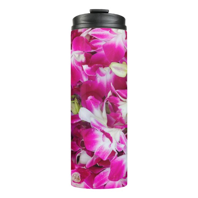 Purple orchid flowers background thermal tumbler (Front)
