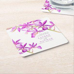 Purple orchid flowers watercolor botanical wedding square paper coaster