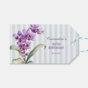 Purple Orchid Green Stripes Floral 30th Birthday Gift Tags