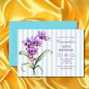 Purple Orchid Green Stripes Floral 30th Birthday  Invitation