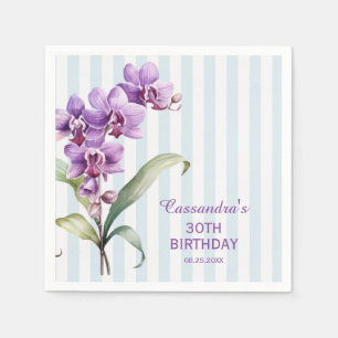 Purple Orchid Green Stripes Floral 30th Birthday Napkin