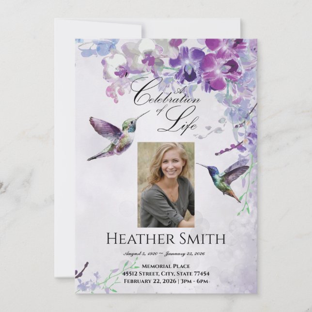 Purple Orchid Hummingbird Celebration of Life  Invitation (Front)