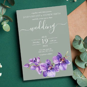 Purple Orchid in sea green Script wedding Invitation