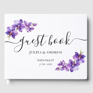 Purple Orchid in white script wedding Guest Book